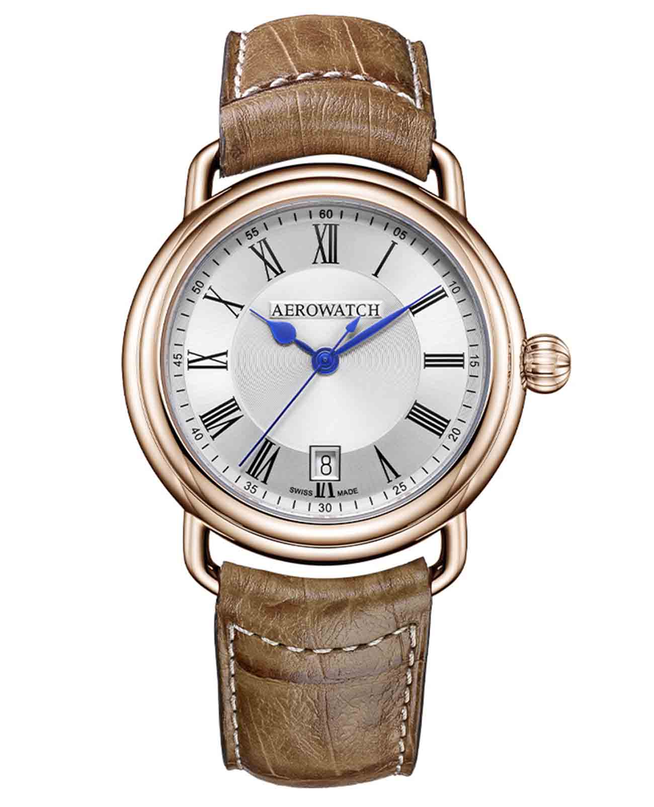 Aerowatch Aerowatch 1942 42900 RO26  42900 RO26 кварцевые мужские часы серебристый циферблат, браслет кожаный — вид спереди